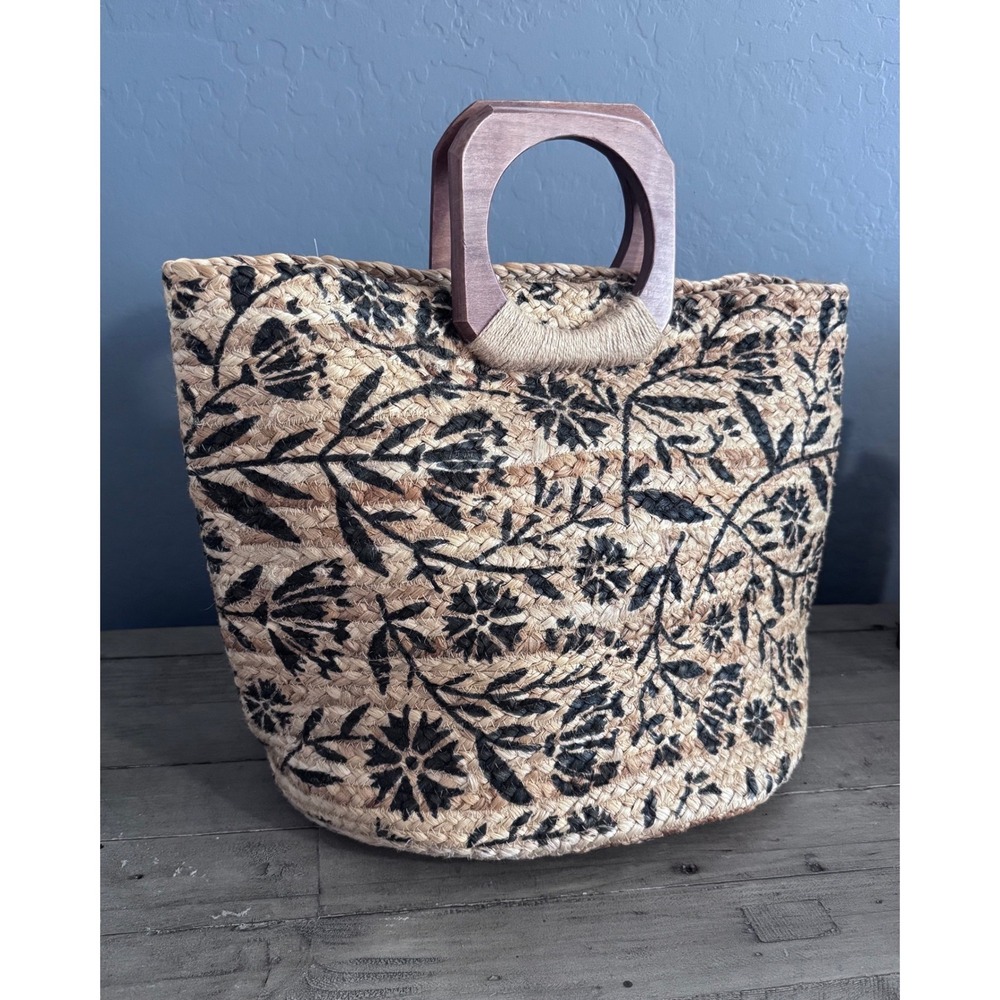 Antik Kraft Keya Tote Bag Black‎ Floral Jute Woven Wood Handle Boho Handbag